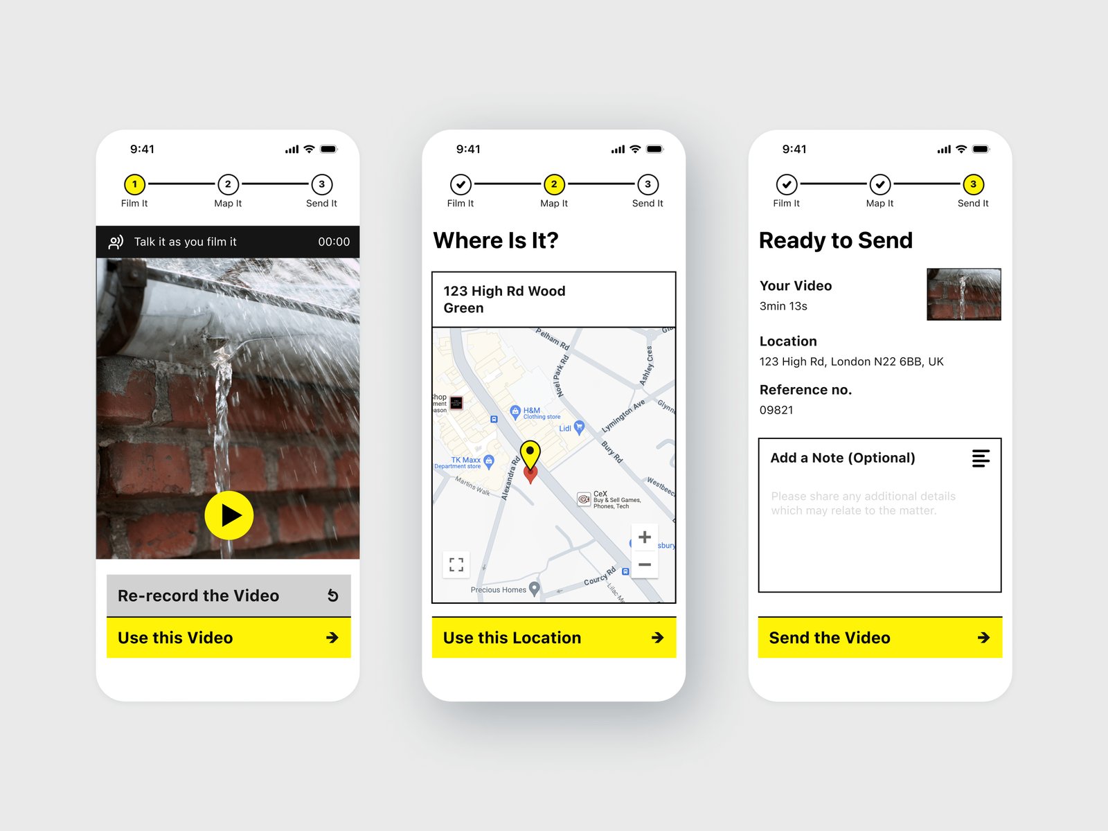 FYLD ShowMe's three-step flow: recording the issue, pinning its location on a map, and reviewing before send