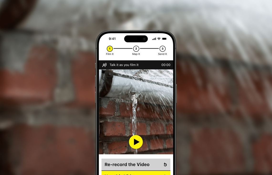 FYLD ShowMe recording a leaking pipe against a brick wall, with 'Talk it as you film it' guidance on screen