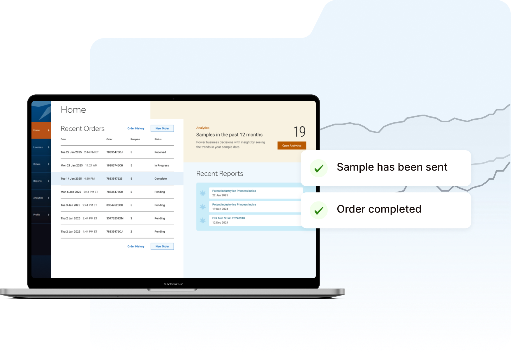 High North Labs client portal shown on a laptop, with sample-sent and order-completed confirmations