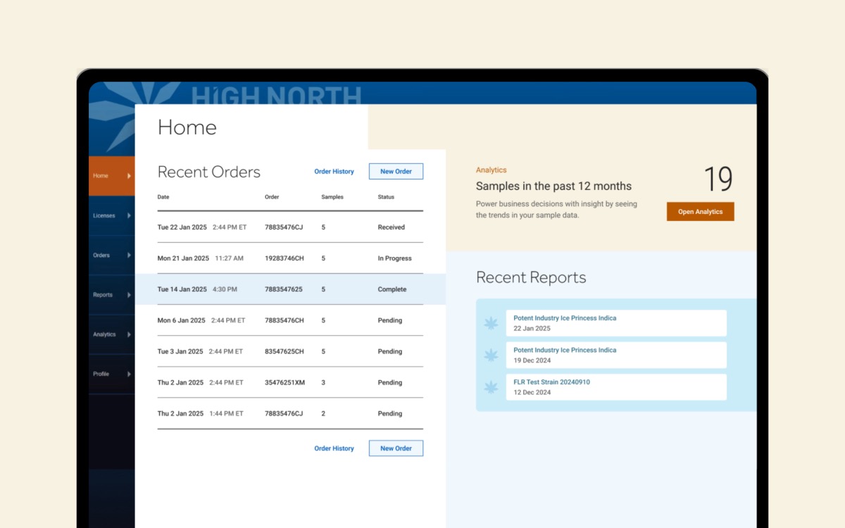 High North Labs portal home screen: recent orders table, samples-in-the-past-12-months analytics, and recent reports list