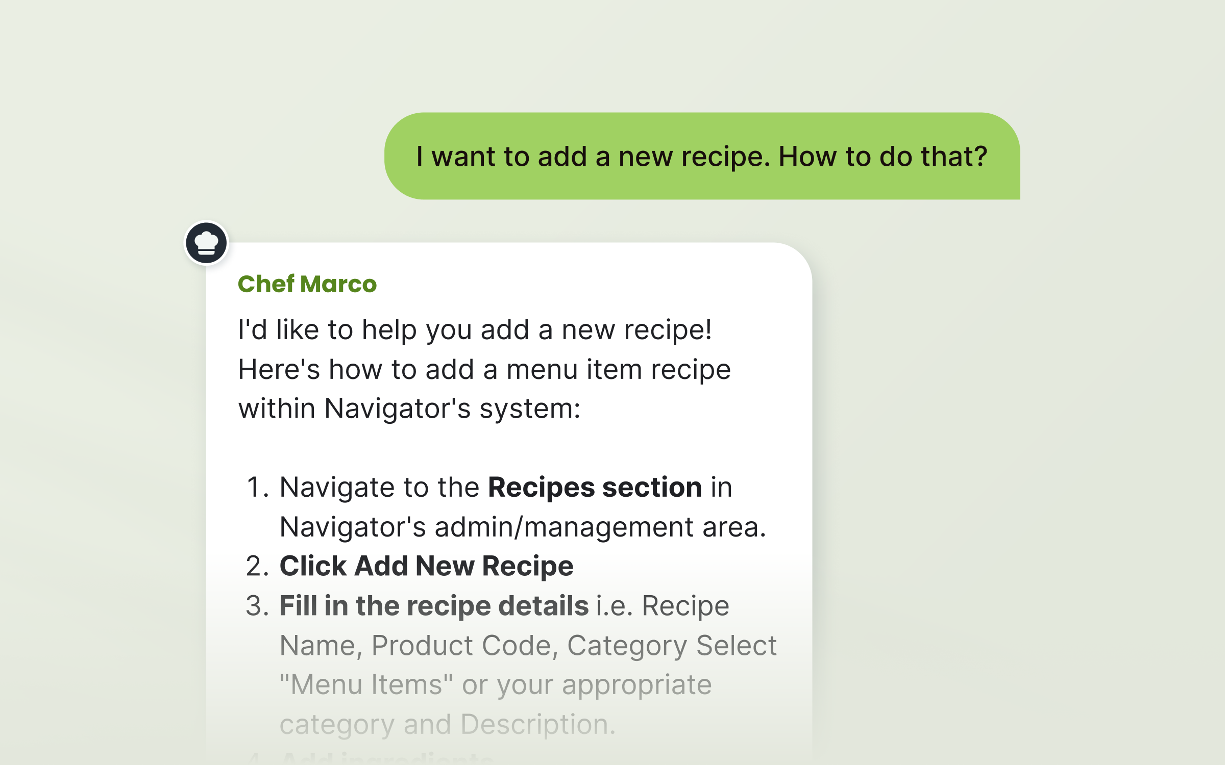 Chef Marco chat answering 'I want to add a new recipe. How to do that?' with step-by-step instructions