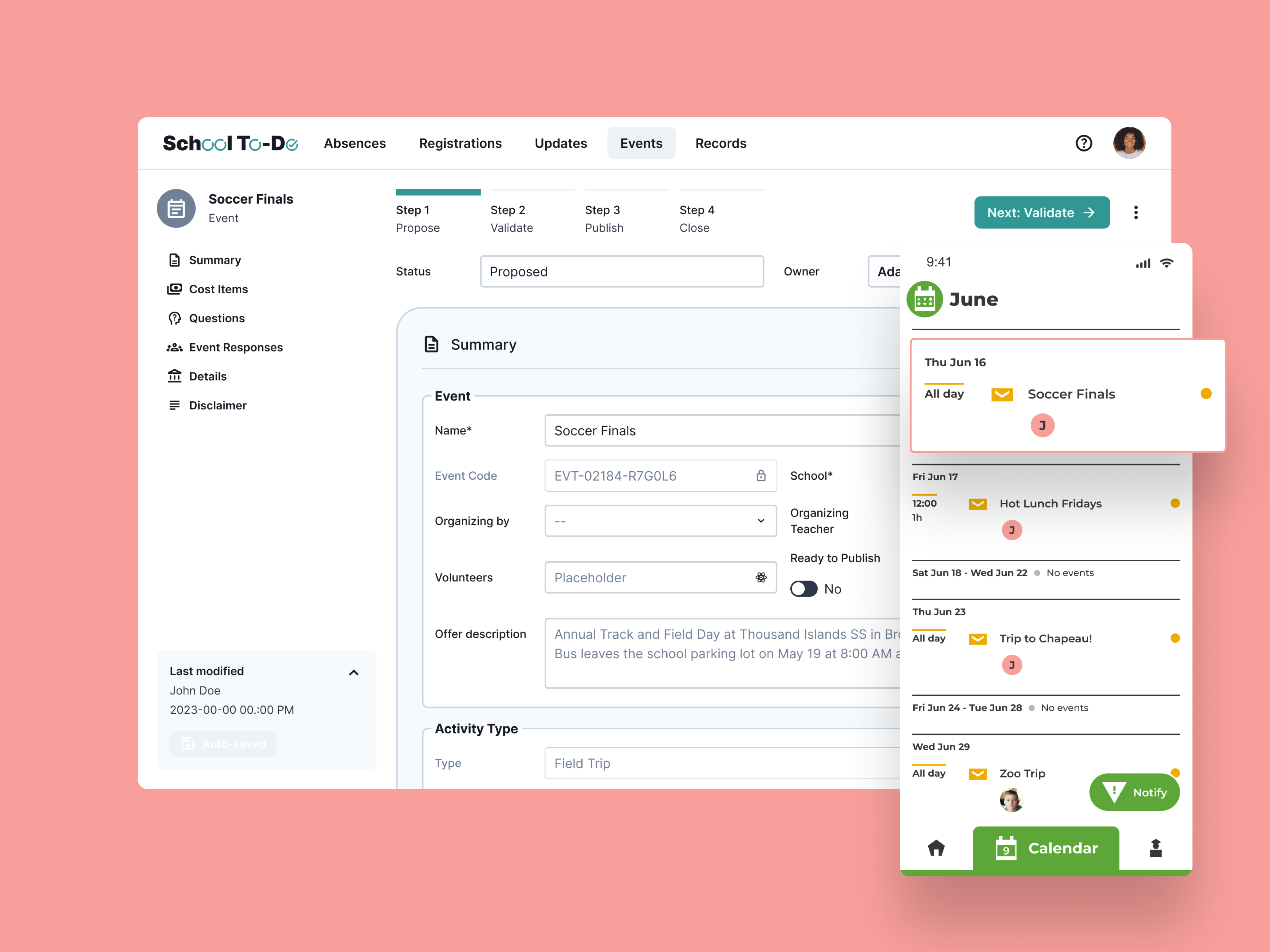 School To-Do admin portal: staff propose, validate, publish and close an event, which surfaces in the parent calendar in My Family Room