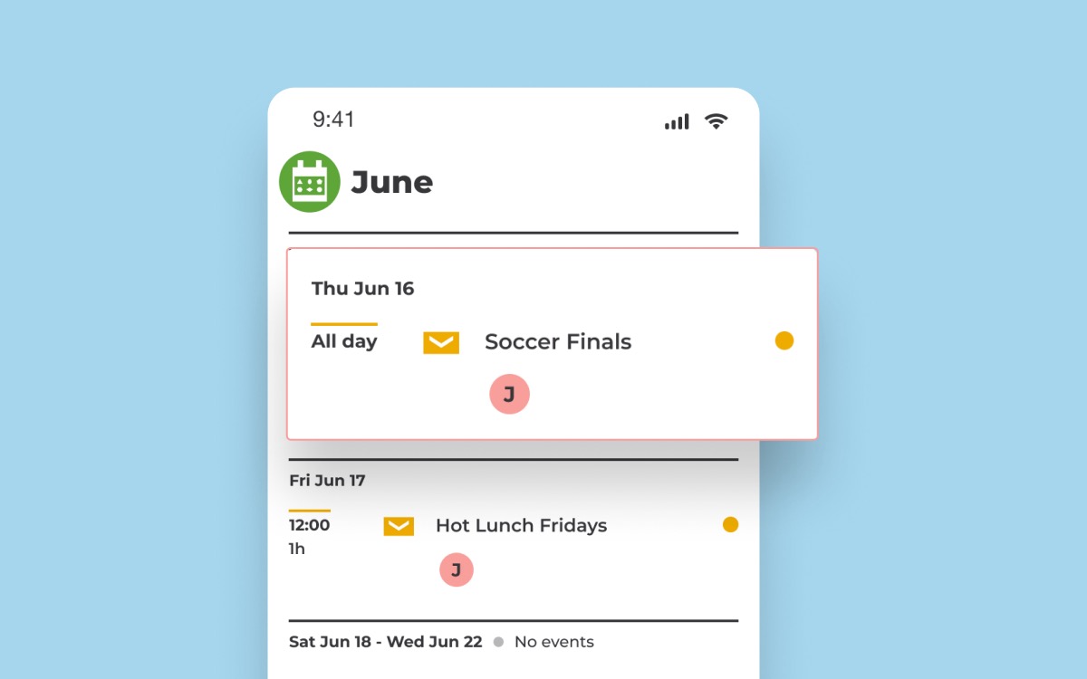 My Family Room app calendar view showing upcoming family events like Soccer Finals and Hot Lunch Fridays
